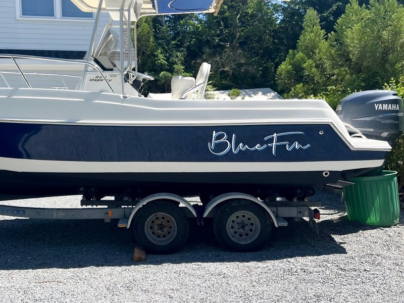 White brush-script boat lettering reading BlueFin on the navy blue hull of a center console